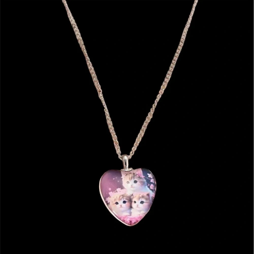 50% OFF Three Little Kittens Romping in Flowers Heart Shaped Pendant Necklace